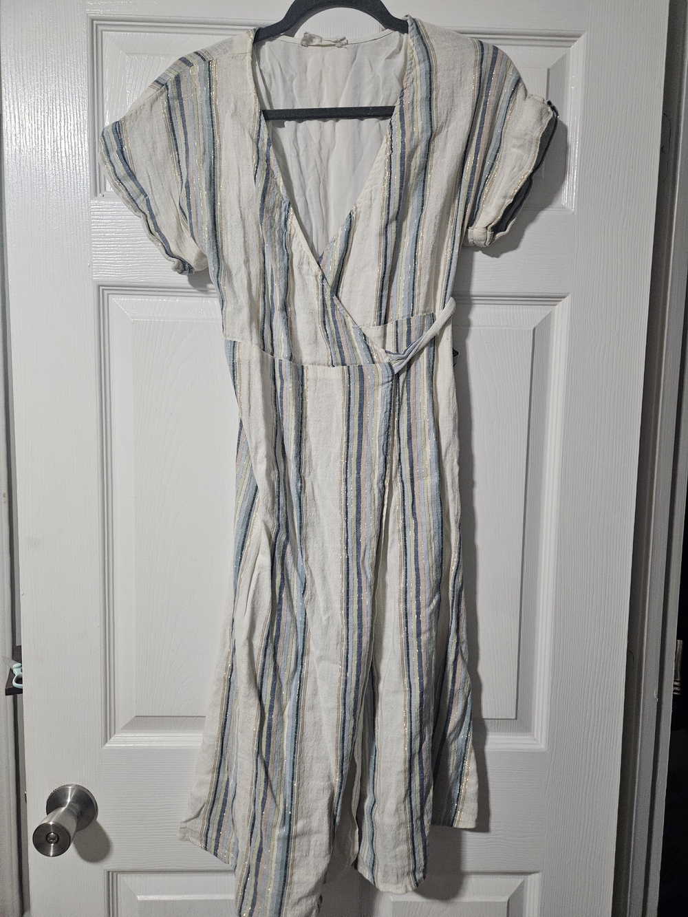Francesca's Collections Cream Midi Wrap Dress with Blue Stripes